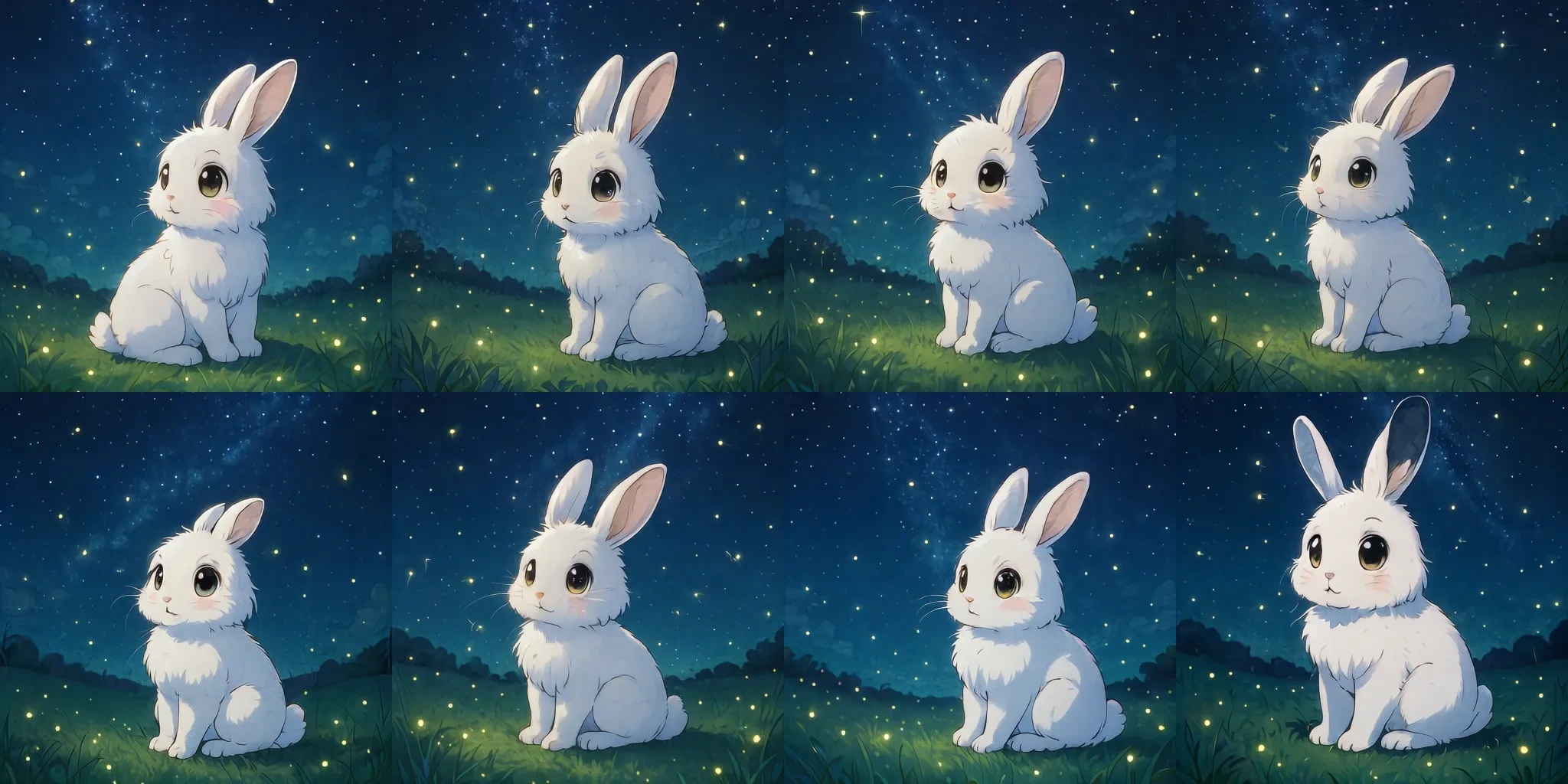 A 4 by 2 grid of eight MiniT2I-L/16 rabbit under starry sky samples.