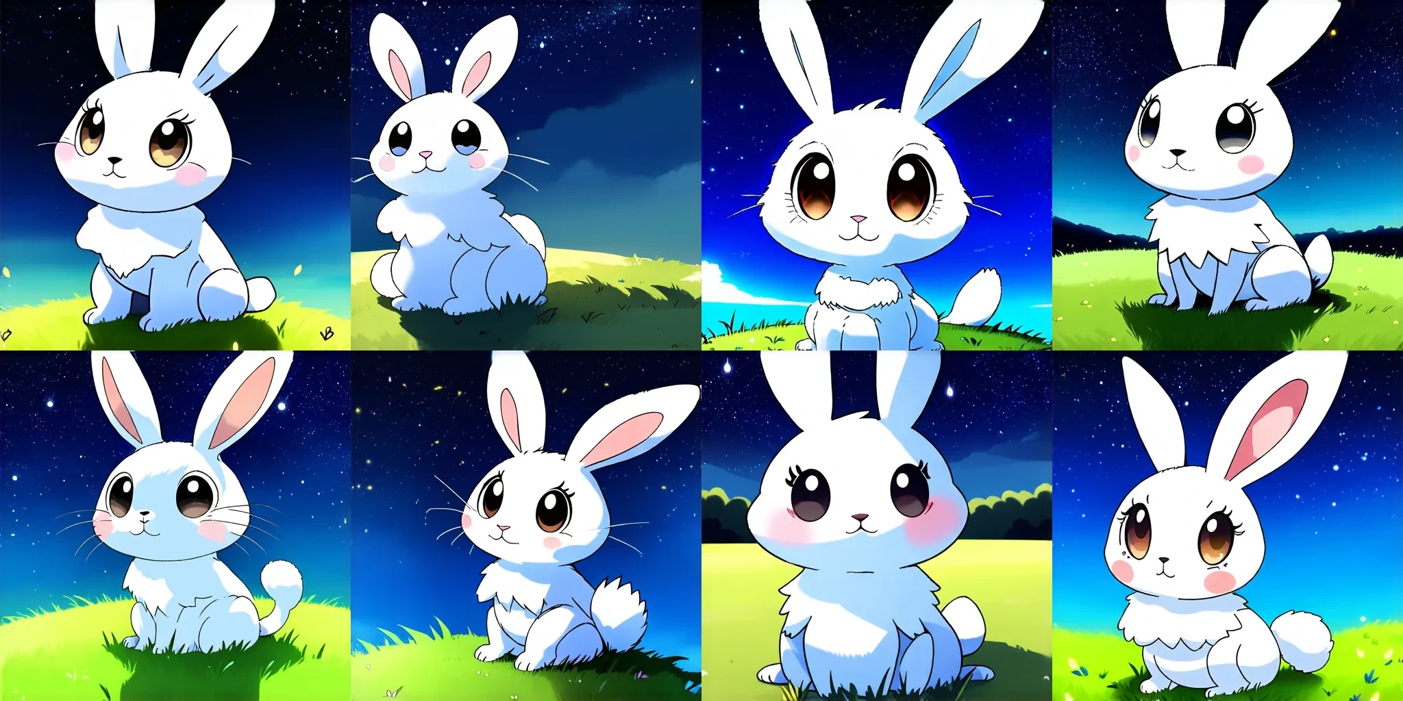 A 4 by 2 grid of eight SD3-Medium rabbit under starry sky samples.