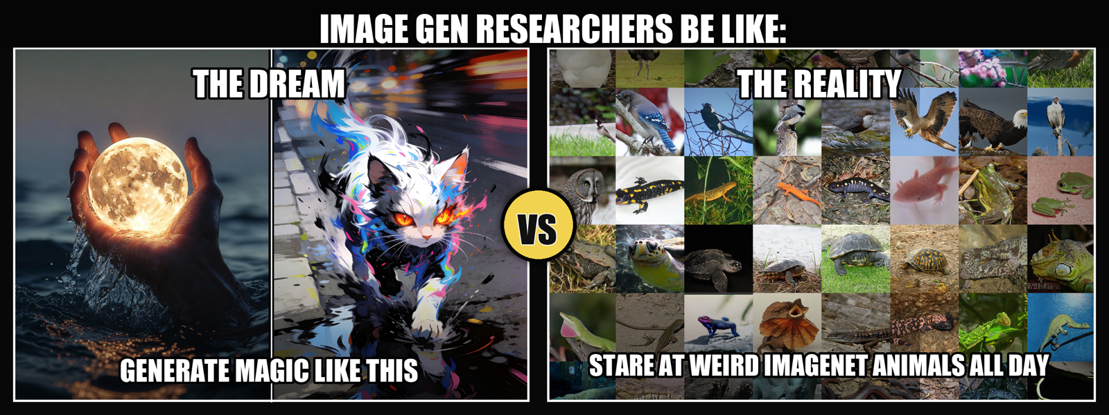 Meme contrasting the dream of generating magical images with the reality of inspecting ImageNet animal samples all day.