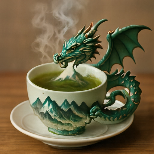 A ceramic dragon curled around a cup of green tea with steam rising.