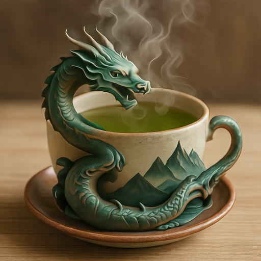 A ceramic dragon curled around a cup of green tea with steam rising.
