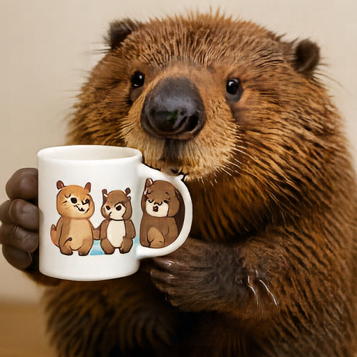 MiniT2I-B/16 white mug with three cartoon beavers sample.