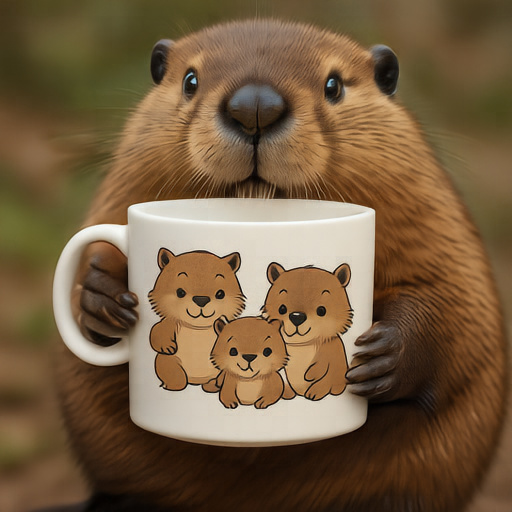 MiniT2I-L/16 white mug with three cartoon beavers sample.