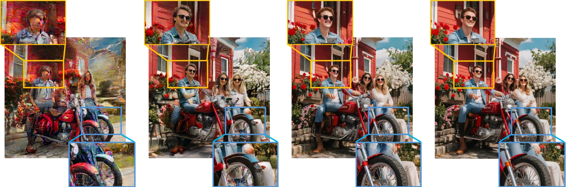 Clean predictions from the four steps, k = 1 to 4, of the same SDXL generation: early predictions contain strong artifacts, and later predictions refine the face and the motorcycle wheel. All four images share a prompt and seed.