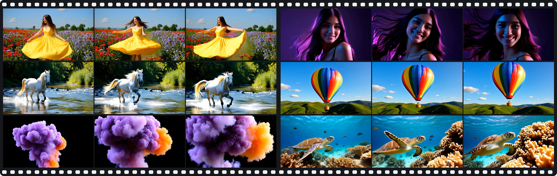 Film strip with three frames each of six generated videos: a woman twirling a yellow dress, a woman with purple hair, a white horse running through a stream, a hot-air balloon over hills, purple and orange smoke, and a sea turtle over a coral reef.