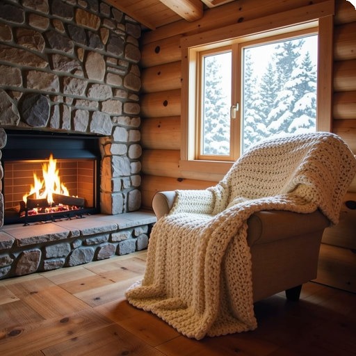 Log cabin interior with a fireplace and knitted blanket