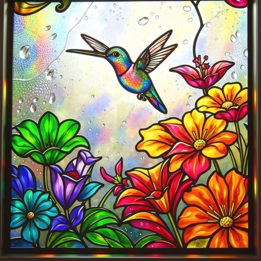 Stained-glass hummingbird and flowers