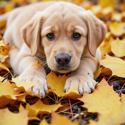 Puppy lying in autumn leaves