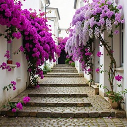 Stone alley lined with purple wisteria