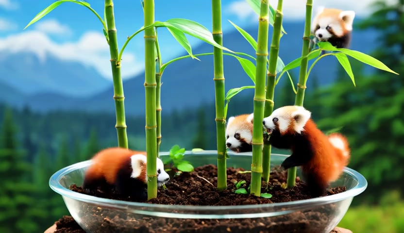Start frame: red pandas among bamboo growing in a petri dish