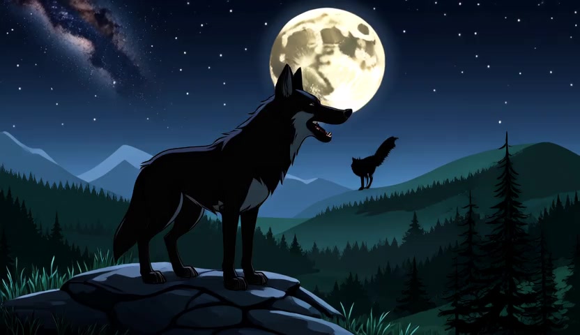 Start frame: silhouette of a wolf on a rock under a full moon